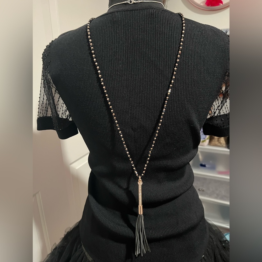 Charlie Page Elegant Faux Leather Black Beaded Necklace w Rhinestone Tassel NWT
